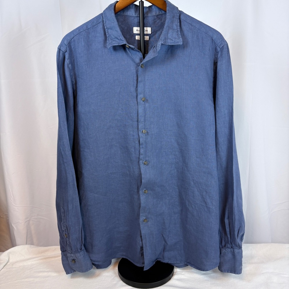 Massimo Dutti Mens Slate Blue 100% Linen Long Sleeve Button Up Shirt XL Luxury
